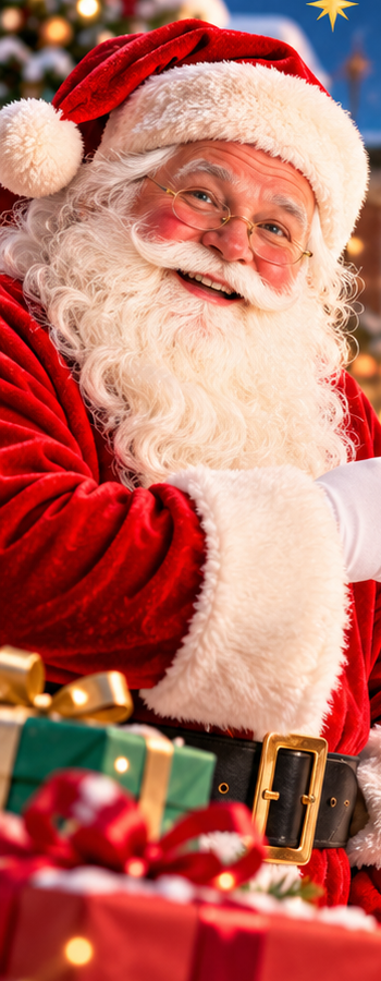 Santa Claus smiling and pointing, surrounded by wrapped gifts